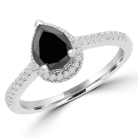 Pear Cut Black Diamond Multi-Stone 4-Prong Vintage Halo Engagement Ring with Round Diamond Accents in White Gold - #SOPHIA-PEAR-BLK-W