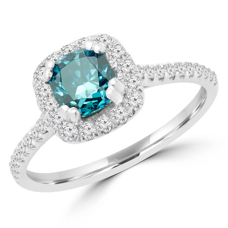 Cushion Cut Blue Diamond 4 Prong Cushion Halo Multi Stone Engagement Ring in White Gold - #STEPH-CU-BLUE-W