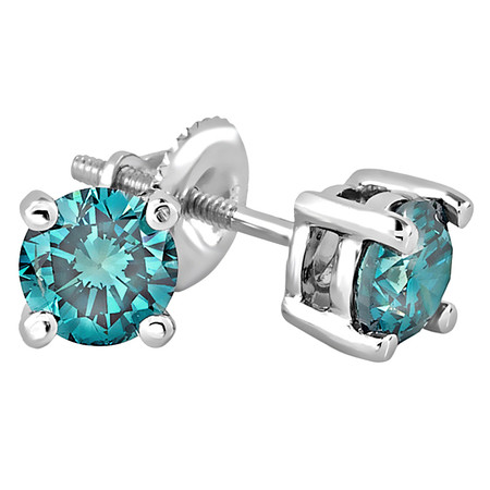 Round Cut Blue Diamond Solitaire 4-Prong Stud Earrings in White Gold - #R418-W-BLUE