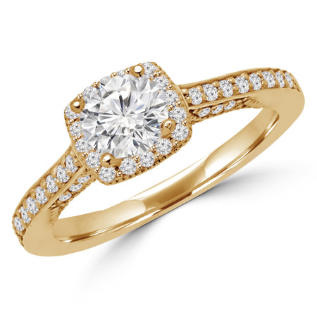 Round Cut Diamond Multi-Stone 4-Prong Halo Engagement Ring with Round Diamond Accents in Yellow Gold - #CHANELLE-SMALL-Y