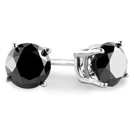 Round Cut Black Diamond Solitaire 4-Prong Stud Earrings with Screwbacks in White Gold - #R418-BLK-W