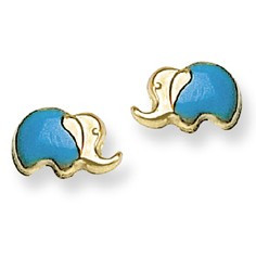Blue Enamel Elephant Stud Baby Earrings in 14K Yellow Gold - #AD-096