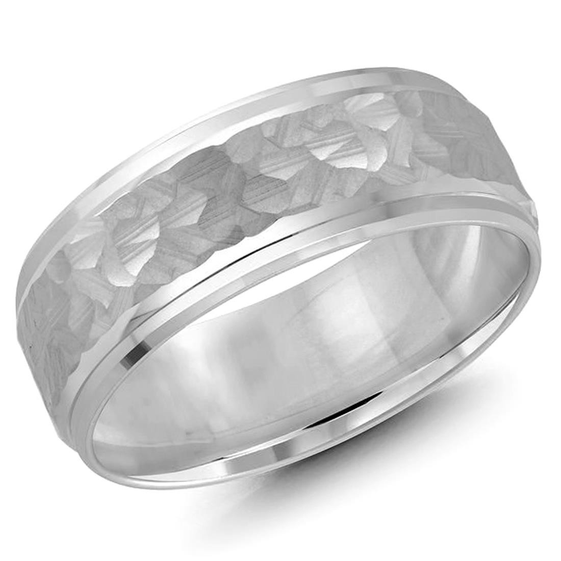 Mens 8 MM band with satin hammered center in White Gold