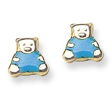 Blue Enamel Teddy Bear Stud Baby Earrings in 14K Yellow Gold - #AD-097