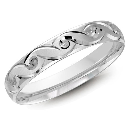 Men's 4 MM all white gold band with swirvy diamond cut carved center  (MDVB0383) - #LCF-030