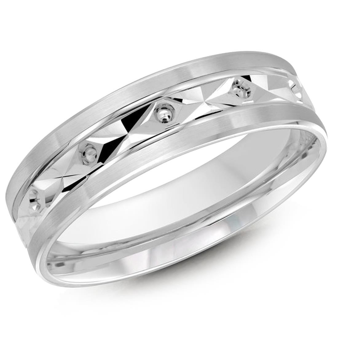 Mens 6 MM band with diamond cut circle accent center in White Gold ...