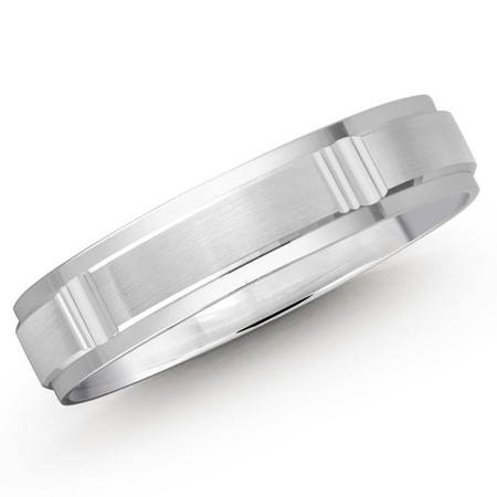 Men's 5 MM all white gold band with satin center and high polish vertical strips (MDVB0406) - #LCF-087