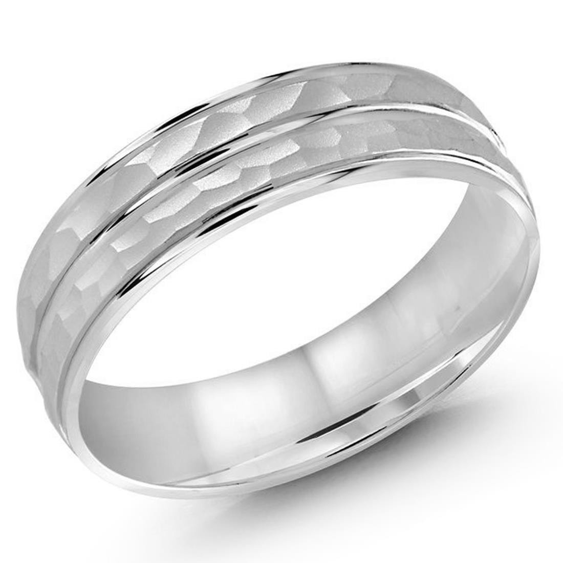 Mens 6 MM band with dual layer satin hammered center in White Gold ...