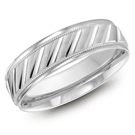 Men's 6 MM all white gold band with diagonal cut satin center (MDVB0434) - #LCF-1161-6WG