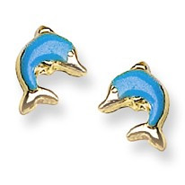 Blue Enamel Dolphin Stud Baby Earrings in 14K Yellow Gold - #AD-095