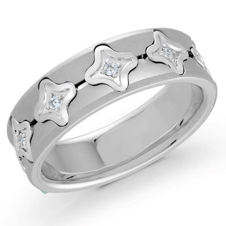 Men's 7 MM all white gold quatrefoil motif center band embellished with 10 X .02 CT diamonds (MDVB0586) - #MRD-041W