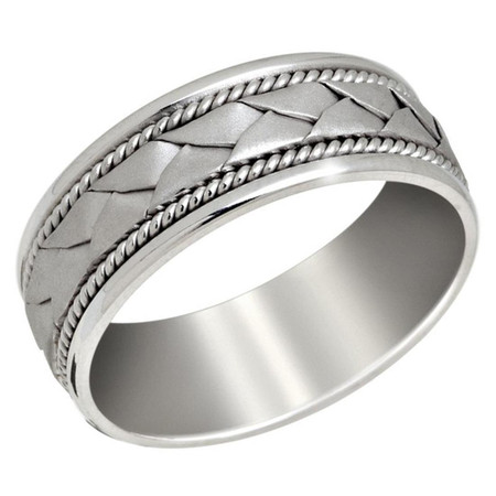 Men's 8 MM all white gold band with braided center and milgrain detailing (MDVB0648) - #P-027C