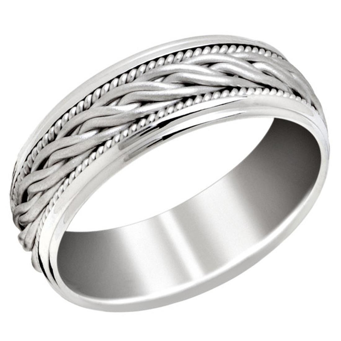 Mens 8 MM band with braided center and milgrain detailing in White Gold ...