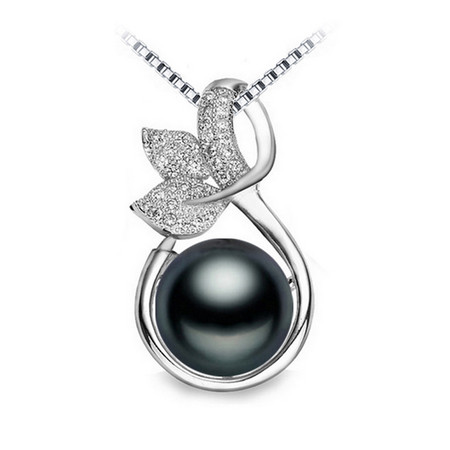 Black Freshwater Pearl Fancy Pendant Necklace in .925 Sterling Silver ...