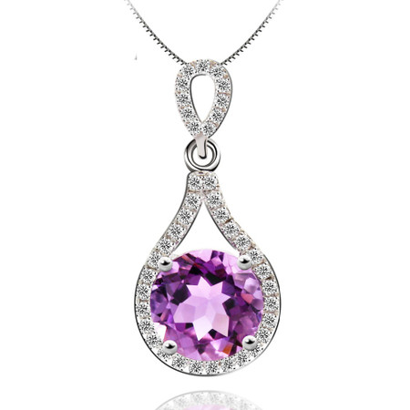 1 7/8 CTW Round Purple Amethyst  Solitaire with Accents Pendant Necklace in .925 Sterling Silver With Chain - #BMS170131