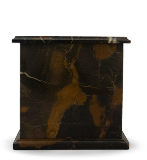 Modern Golden Portoro Marble Cremation Urn - Each unique marble urn blends black, cream, warm brown, gold and copper tones with marble veining, is generously polished for a high gloss finish. A classic stone, marble has been valued for centuries Egyptians, Greeks and Romans for its natural beauty, strength and durability. Quarried and made from 100% real natural marble. Hand crafted from a solid piece of marble and polished to shine. Because it is natural, the color and pattern in each urn will vary.  The bottom is lined with felt to prevent scratches and provide stability and includes a threaded lid to secure ashes.

It’s the perfect vessel as a keepsake for display in your home, niche, funeral, columbarium, burial, scattering ashes, or as a reminder and in remembrance of their love and spirit.

Memory Cremation Urns
