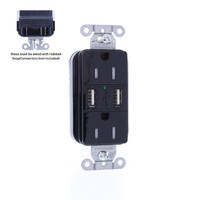 Hubbell SNAP15USBBK Black Decorator SNAPConnect 15A Receptacle Outlet Dual 2.0 USB Ports