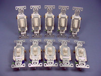 10 Cooper Wiring Devices Light Almond Toggle Wall Light Switches 3-WAY Quiet 15A 120V 1303-7LA