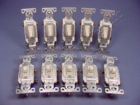 10 Cooper Wiring Devices Light Almond Toggle Wall Light Switches 3-WAY Quiet 15A 120V 1303-7LA