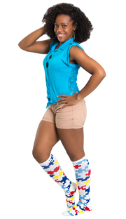 autism puzzle knee highs, blue top and brown shorts
