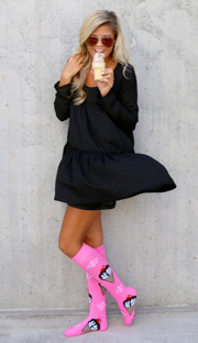 black dress with pink socks