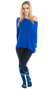 girl with black leggins, blue top and blue camo knee socks