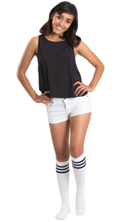 White shorts, tank top and navy striped tube socks