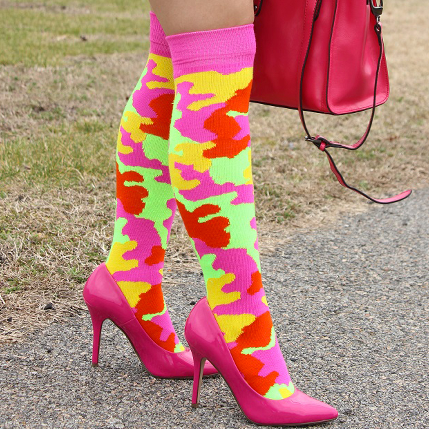 pink pumps and neon camo socks