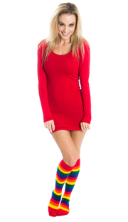 hot red dress and rainbow striped socks