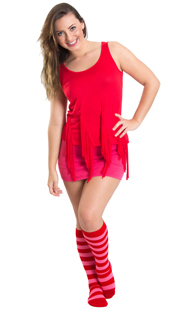 pink shorts, red top and striped knee high socks