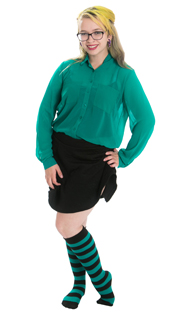 black skirt with teal dress shirt and knee highs