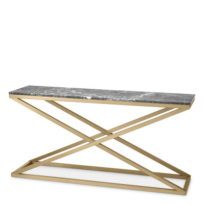 Eichholtz Criss Cross Console Table - Brushed Brass Grey Marble