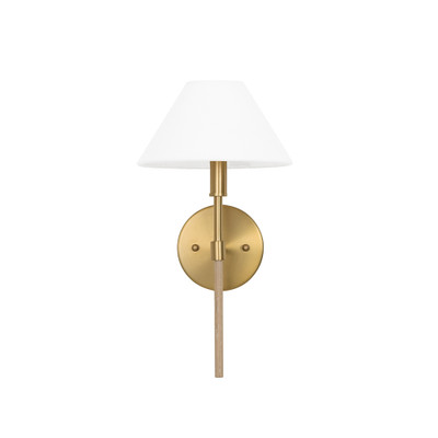 Worlds Away One Light Sconce - White Linen Coolie Shade - Brushed Brass And Cerused Oak