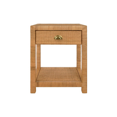Worlds Away Small One Drawer End Table - Rattan - Brushed Brass Cup Pull
