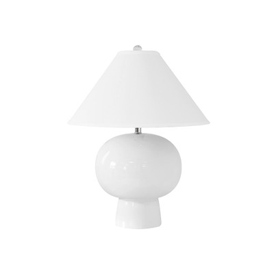 Worlds Away Bulb Shape Ceramic Table Lamp - White Linen Coolie Shade - White