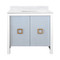 Worlds Away Bath Vanity - Textured Light Blue Linen Doors, Matte White Lacquer Surround, Ant Brass Hardware, White Marble Top, And Porcelain Sink