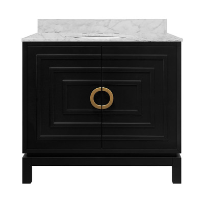 Worlds Away Bath Vanity - Matte Black Lacquer - Antique Brass Circle Hardware, White Marble Top, And Porcelain Sink