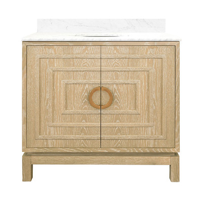 Worlds Away Bath Vanity - Cerused Oak - Antique Brass Circle Hardware, White Marble Top, And Porcelain Sink