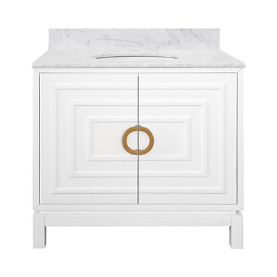 Worlds Away Bath Vanity - Matte White Lacquer - Antique Brass Circle Hardware, White Marble Top, And Porcelain Sink
