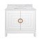 Worlds Away Bath Vanity - Matte White Lacquer - Antique Brass Circle Hardware, White Marble Top, And Porcelain Sink