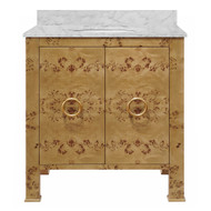 Worlds Away Bath Vanity - Burl Wood W/ Ant. Brass Hardware, White Marble Top, And Porcelain Sink