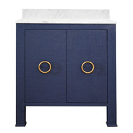 Worlds Away Bath Vanity - Textured Navy Linen W/ Ant. Brass Hardware, White Marble Top, And Porcelain Sink
