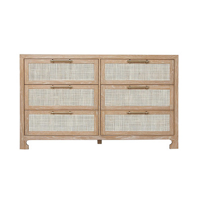 Worlds Away Six Drawer Cane Front Chest - Brass Hardware - Cerused Oak Finish