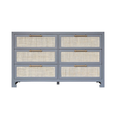 Worlds Away Six Drawer Cane Front Chest - Brass Hardware - Matte Grey Lacquer Finish