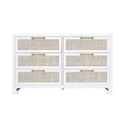 Worlds Away Six Drawer Cane Front Chest - Brass Hardware - Matte White Lacquer Finish