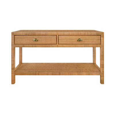Worlds Away Two Drawer Console - Natural Rattan - Brushed Brass Cup Pulls