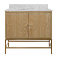 Worlds Away Bath Vanity - Cerused Oak And Antique Brass - White Marble Top And Porcelain Sink - Lucite And Antique Brass Pulls