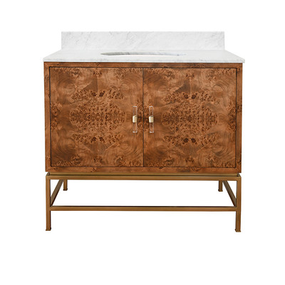 Worlds Away Bath Vanity - Matte Dark Burl Wood And Antique Brass - White Marble Top And Porcelain Sink