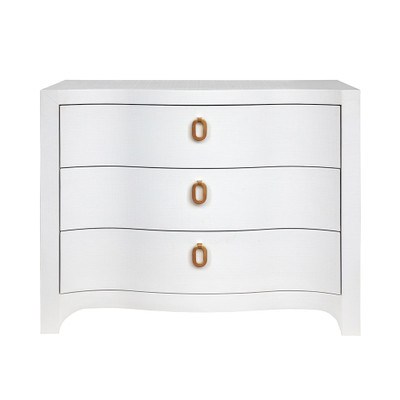 Worlds Away Curved Front Chest - Three Drawers - White Textured Linen - Satin Brass Ring Hardware