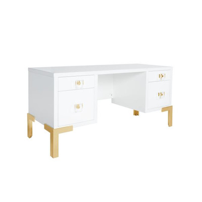 Worlds Away Four Drawer Desk - White Lacquer - Brass Base